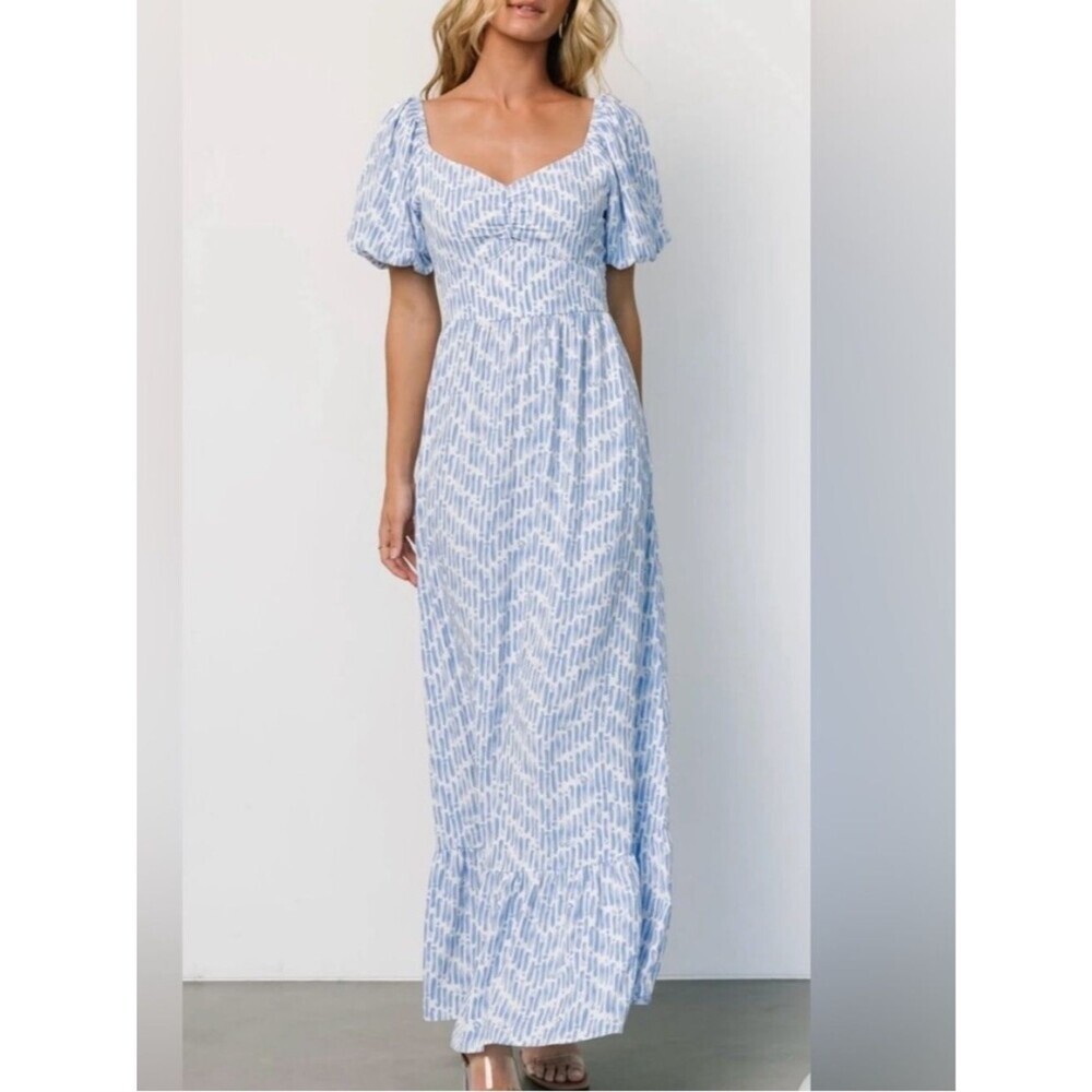 Baltic Born Durban Maxi Dress Dusty Blue Coastal Summer Puff Sleeve Size Small